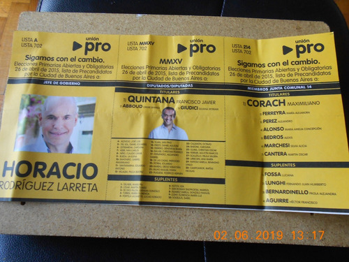 Boleta Electoral - Union Pro - Lista 702 - Larreta - 26/4/15