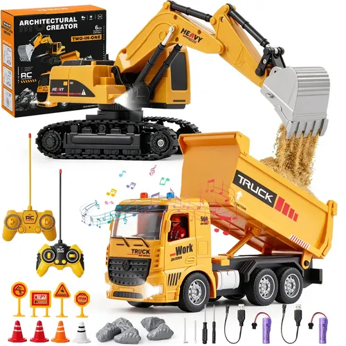 Kit Escavadeira e Caminhão RC MoveBrinca Com Luz e Som Para Crianças +3 Anos