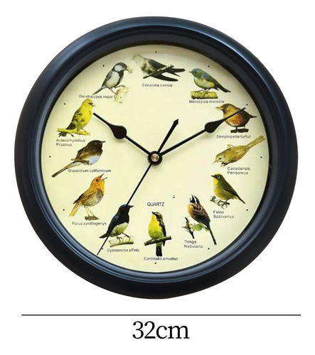 Reloj Musical Con Sonido De Pared Para Pájaros, Negro 32cm
