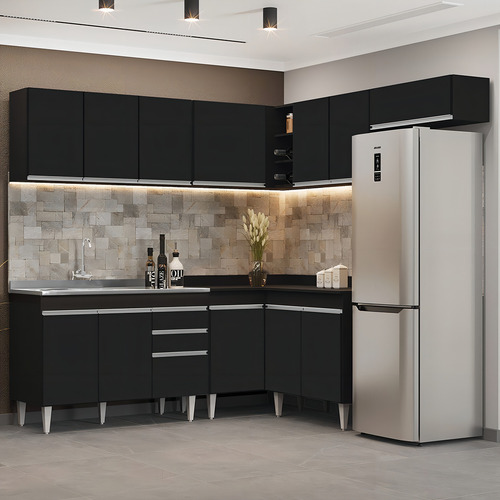 Armário Cozinha De Canto 7 Pçs Cp21 C/ Pia Inox Pto Cor Preto