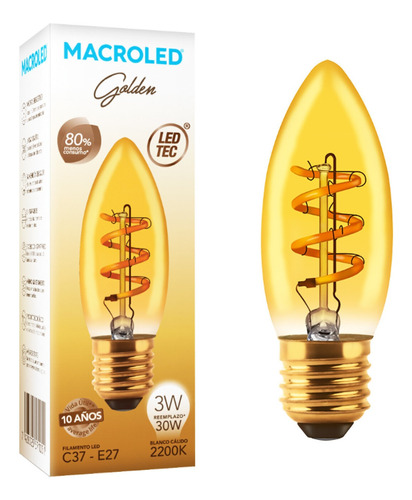 Lámpara Vela C37 Filamento Golden Macroled 3w E27 Ambar Mac