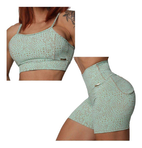 Conjunto Short Empina Bumbum Bolsinho+top Snake Menta Moving