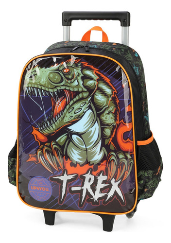 Mochila Escolar Rodinha Dinossauro Up4you Preto Desenho do tecido T-Rex