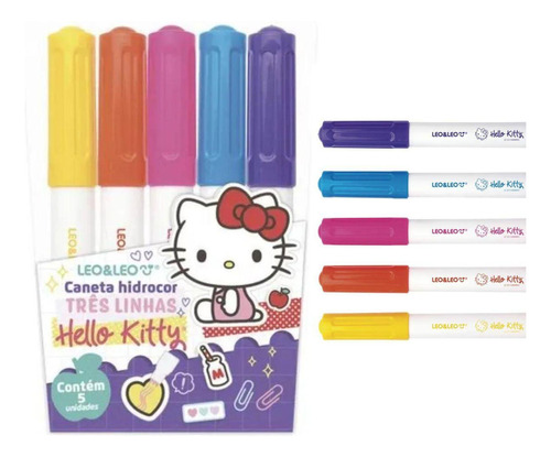 Caneta Hidrocor 3 Linhas Hello Kitty - 5 Cores - Leo & Leo