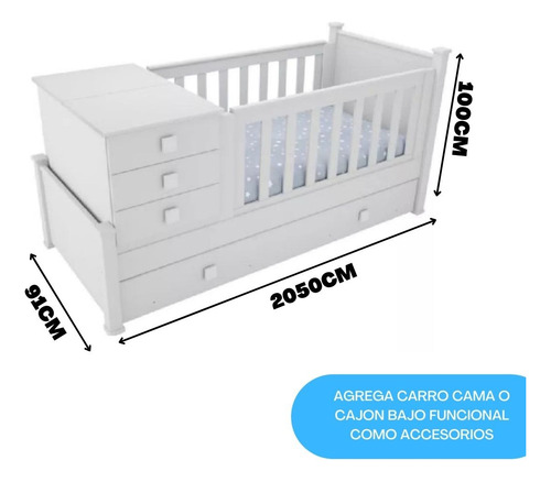 Imagen 2 de 10 de Cama Cuna Funcional Recta Para Bebé Con Cajonera Y Baúl