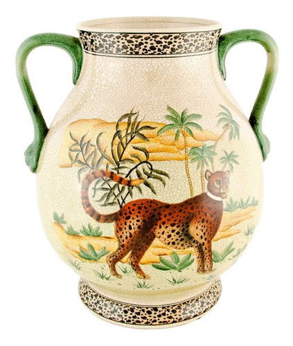 Ânfora(vaso) Em Cerâmica Craquelê Cor Fendi Pintura Guepardo