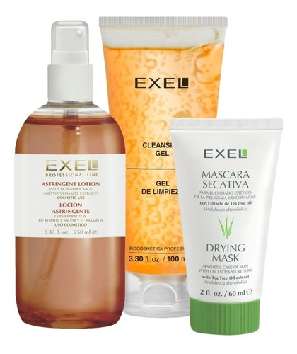 Imagen 1 de 10 de Kit Gel De Limpieza Locion Astrigente Mascara Secativa Exel
