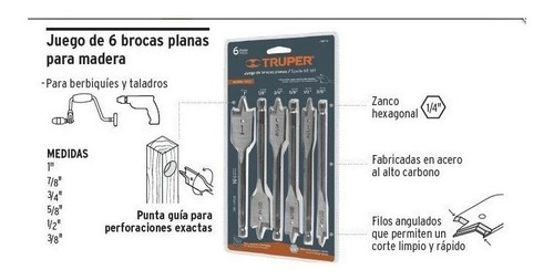 Juego Acero Mechas Espada Planas Broca Kit 6 Piezas Truper