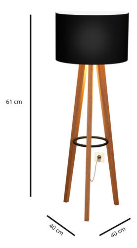 Luminária Liz De Chão Moderna Redonda Decorativa Tripé De Eucalipto Cor Preto