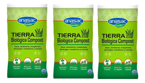 Pack 3 Saco Compost 40l Tierra Biológica Anasac Maceteros