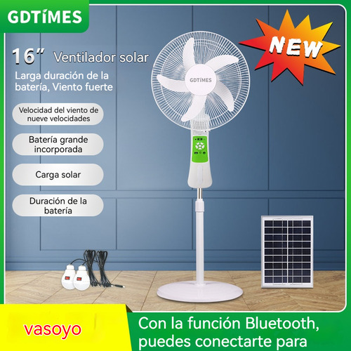 Ventilador De Piso Solar Recargable De Batería Silencioso 16 Pulgadas Con Luz Led Y Control Remoto,9 Velocidades Ajustables, 180° Giratorio