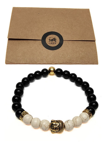 Pulsera De Hombre Piedra Marfil + Dije Buda Oro Antiguo