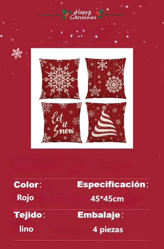 Juego De 4 Sala Fundas De Cojín Almohada Navideñas 45 X 45cm Rojo