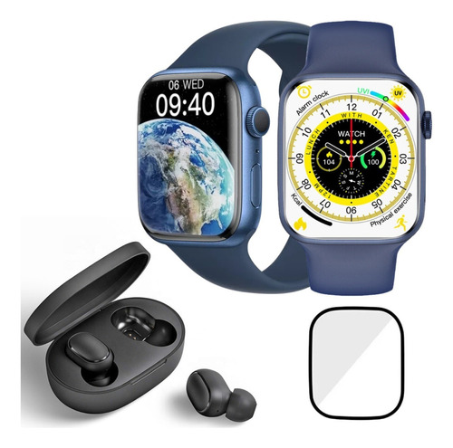 Relógio Premium Digital Watch 8 C/ Fone De Ouvido Bluetooth Cor Da Caixa Azul Cor Da Pulseira Azul