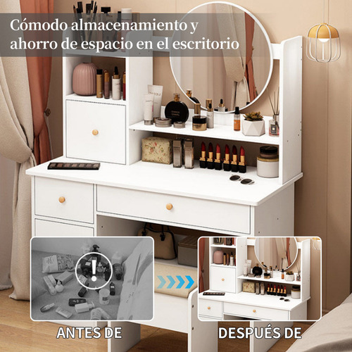 Tocador De Madera Multifuncional Con Led Espejo Y Sillas Blanco Brillante