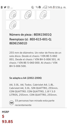 Imagen 7 de 7 de Disco De Freno Trasero Audi A4 8e0 615 601q