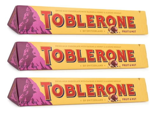 3 Toblerone Chocolate Ao Leite Com Fruit Nut Raisins 100g