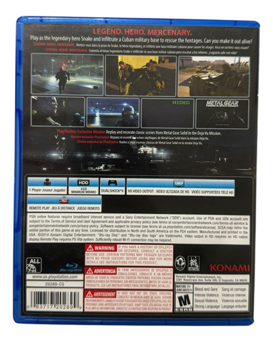 Metal Gear Solid V Ground Zeroes Para Playstation 4 Físico (Usado)
