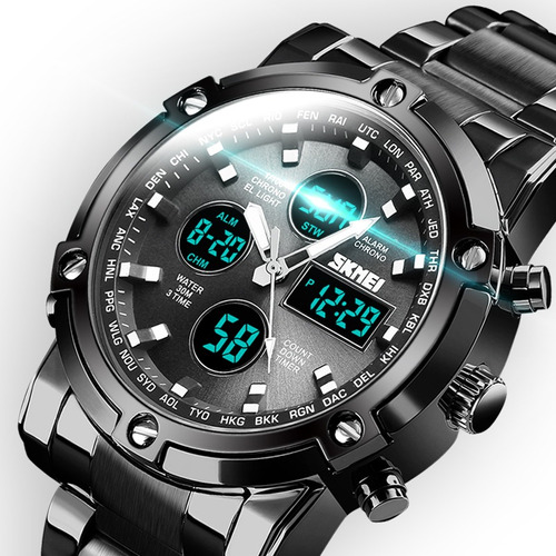 Reloj pulsera Skmei Digital 1389 de cuerpo color negro, para hombre, fondo negro, con correa de acero inoxidable color negro y mariposa