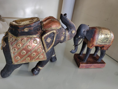 Antiguo Elefante De Madera Y Bronce Dorado (Usado)