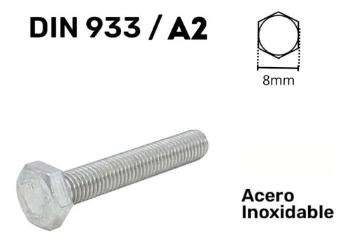 Perno Hexagonal Inoxidable 5-0.8 X 16mm Din933- A2 (10 Uni)