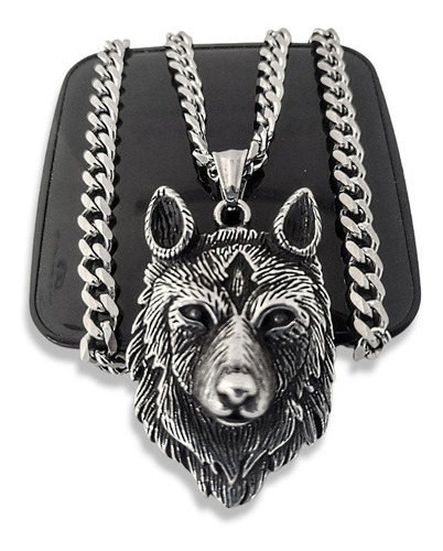 Collar Grande Cabeza De Lobo Acero Inoxidable 