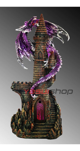 Estatua Enfeite Dragão/castelo Resina C/ Luz Bateria - 30 Cm Cor Violeta