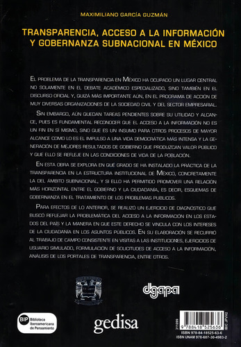 Transparencia, acceso a la información y Gobernanza Subnacional en México, de García Guzmán, Maximiliano. Bip Editorial Gedisa, tapa dura en español, 2021