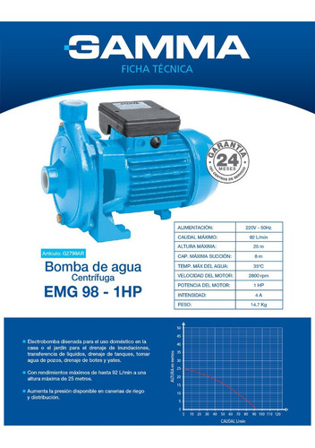 Imagen 3 de 3 de Bomba Agua Centrifuga Gamma G2799ar Emg98 1hp - Fas