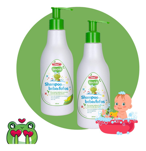 Kit 2 Shampoo Natural Bebês Fofo Suave 300ml Sem Sal Bioclub
