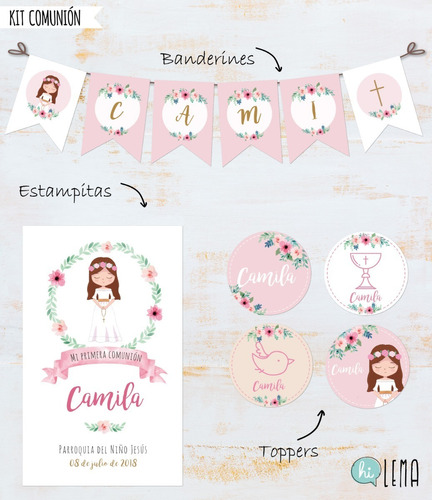 Kit Imprimible Comunión Nena Deco + Candy Bar