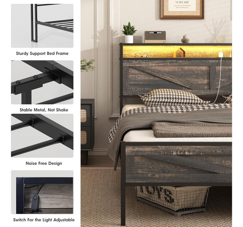 Base De Cama Matrimonial Halitaa Con Luz Led Roble Oscuro