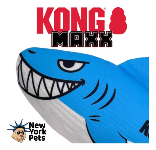 Brinquedo Kong Maxx Pelúcia Reforçada Com Apito Cães Médio Cor Azul Desenho Tubarão