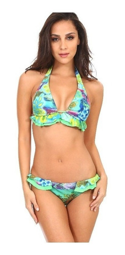 Morena Santa Bikini Escarolas Verde Estampado En Top Y Panty