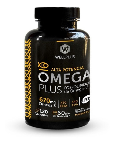 Imagen 1 de 9 de Wellplus Omega Plus 670mg (fosfolípidos De Omega 3) 120caps
