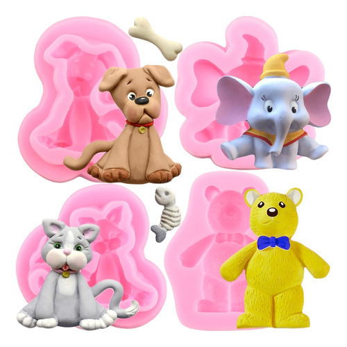 4pcs Molde De Silicona Oso Elefante Fondant Pasta Perro Gato