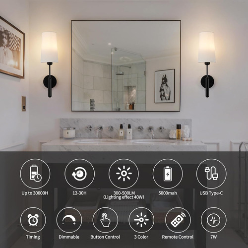 Juego De 2 Apliques De Pared Negros Recargables Con Control