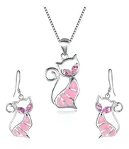 Comprar Collar De Gatitos + Aretes De Ópalo Cristal Diseño De Moda