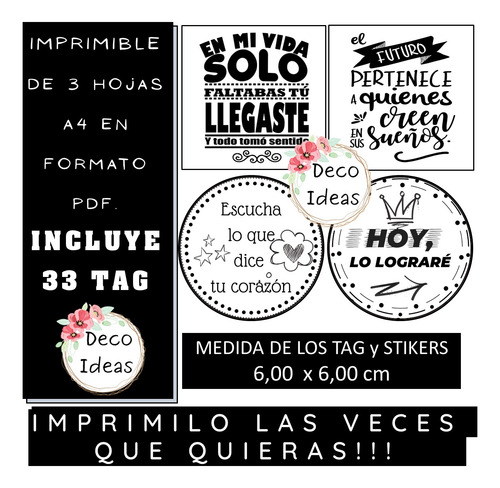 Kit Imprimible 07 Frases Motivadoras Stikers Tag Topper