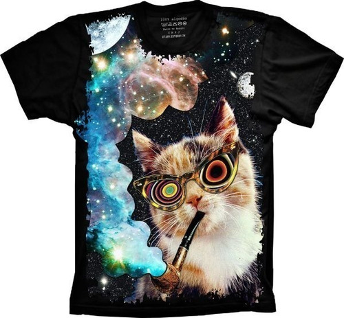 Camiseta Algodão Preta Geek Plus Size Gato Crazy Cat