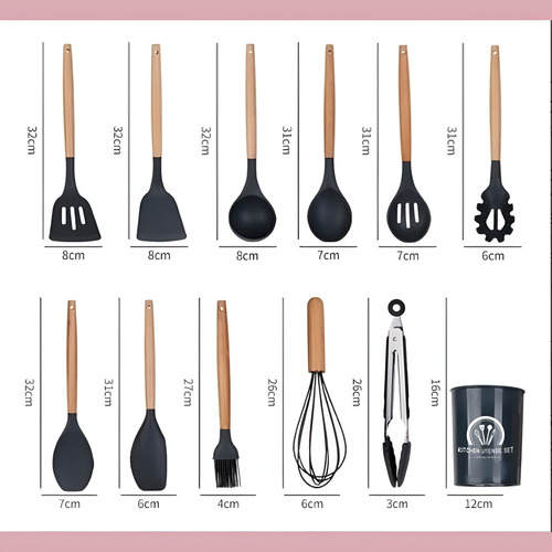 Set De 12 Utensilio De Cocina Mango Madera Punta Silicona Negro