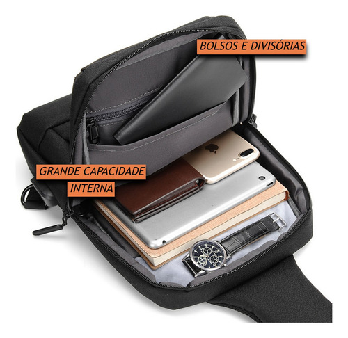 Mochila Transversal Luxo Masculina Para iPad Com Entrada Usb Cor Preto TokShop