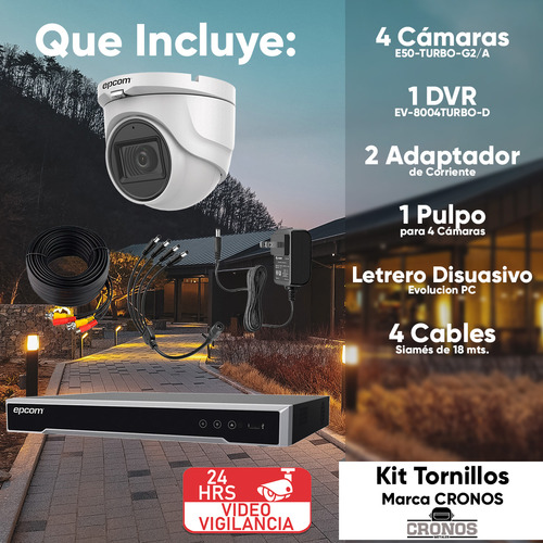 Epcom Kit De 4 Camaras De Seguridad Metalicas Con Microfono Domo 5mp Protección Ip67 Para Uso Exterior + Dvr 4ch Turbohd Con Detección De Movimiento Y Salida De Alarma Modelo Ev8004e50g2-plus