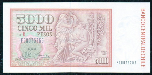 Billete De Chile 5.000 Pesos Año 1999 Reposición Unc