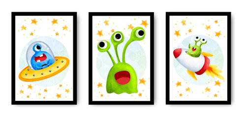 Set Cuadros Decorativos Infantil Espacial Extraterreste Ovni