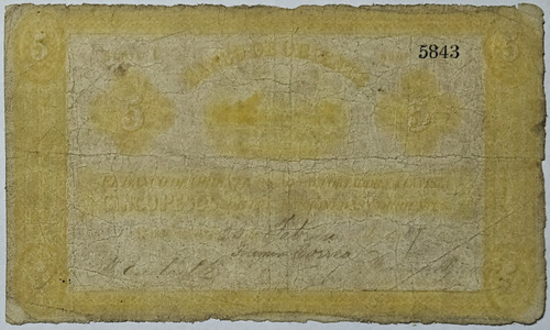 Billete 5 Pesos Banco De Oriente 25/feb/1887 Colombia Vg-f