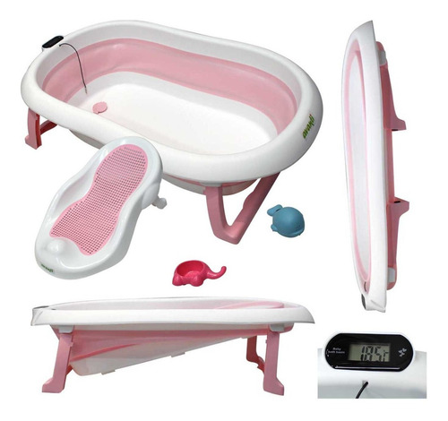 Bañera Bebe Avanti Plegable Soporte Reductor + Termómetro Color Rosa