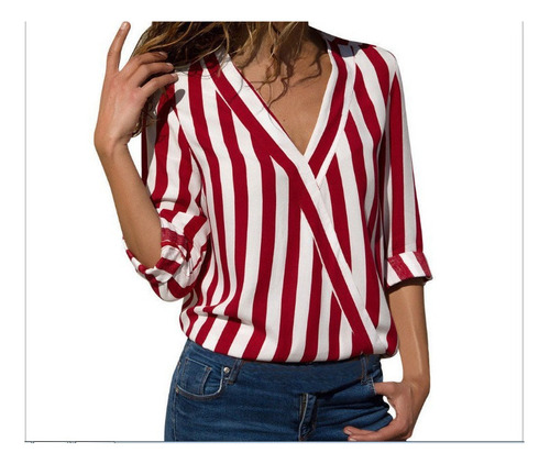 Camisas Rayas Cuello V Manga Larga Blusas Causal