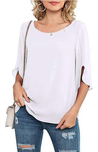 Blusa De Gasa De Manga 3/4 Suelta Con Cuello Redondo Para Mu