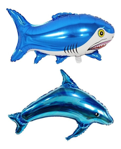 10 Balão Metalizado Peixes Golfinho E Tubarão Azul 78*37cm